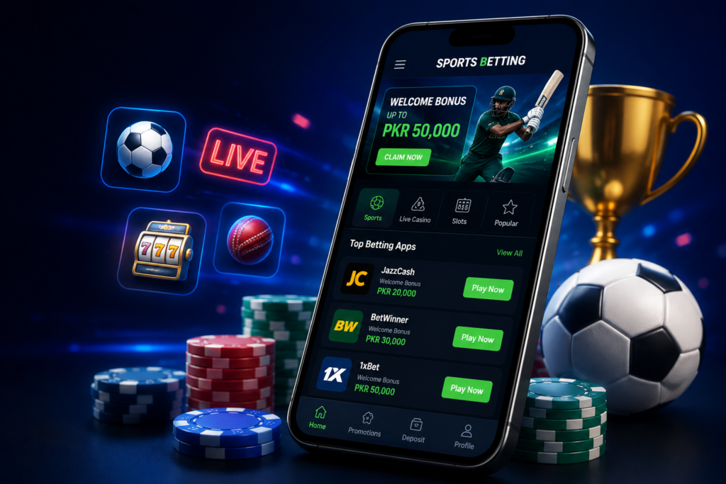 Best earning and betting apps in Pakistan displayed on a smartphone with casino chips and sports betting elements